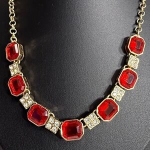 Charter Club Necklace Red Gemstone Gold Tone Statement